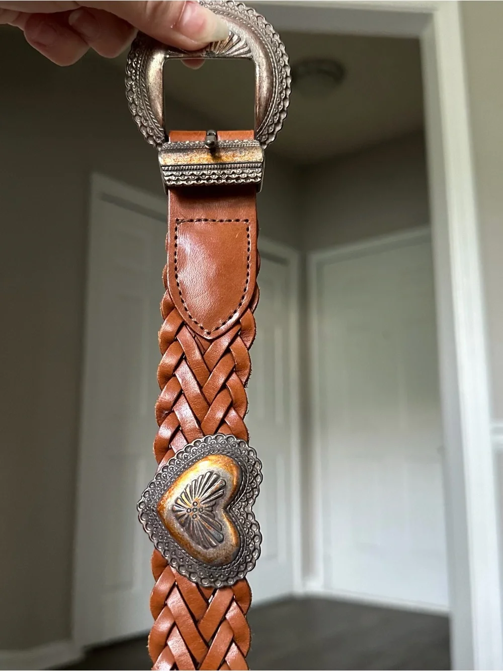 Brighton Braided Leather Belt with Heart Conchos in Chestnut Brown and Silver